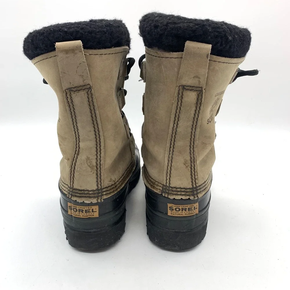 Sorel Womens Caribou Boots 7 Beige Buff Leather Rubber Wool Liner Vintage Canada